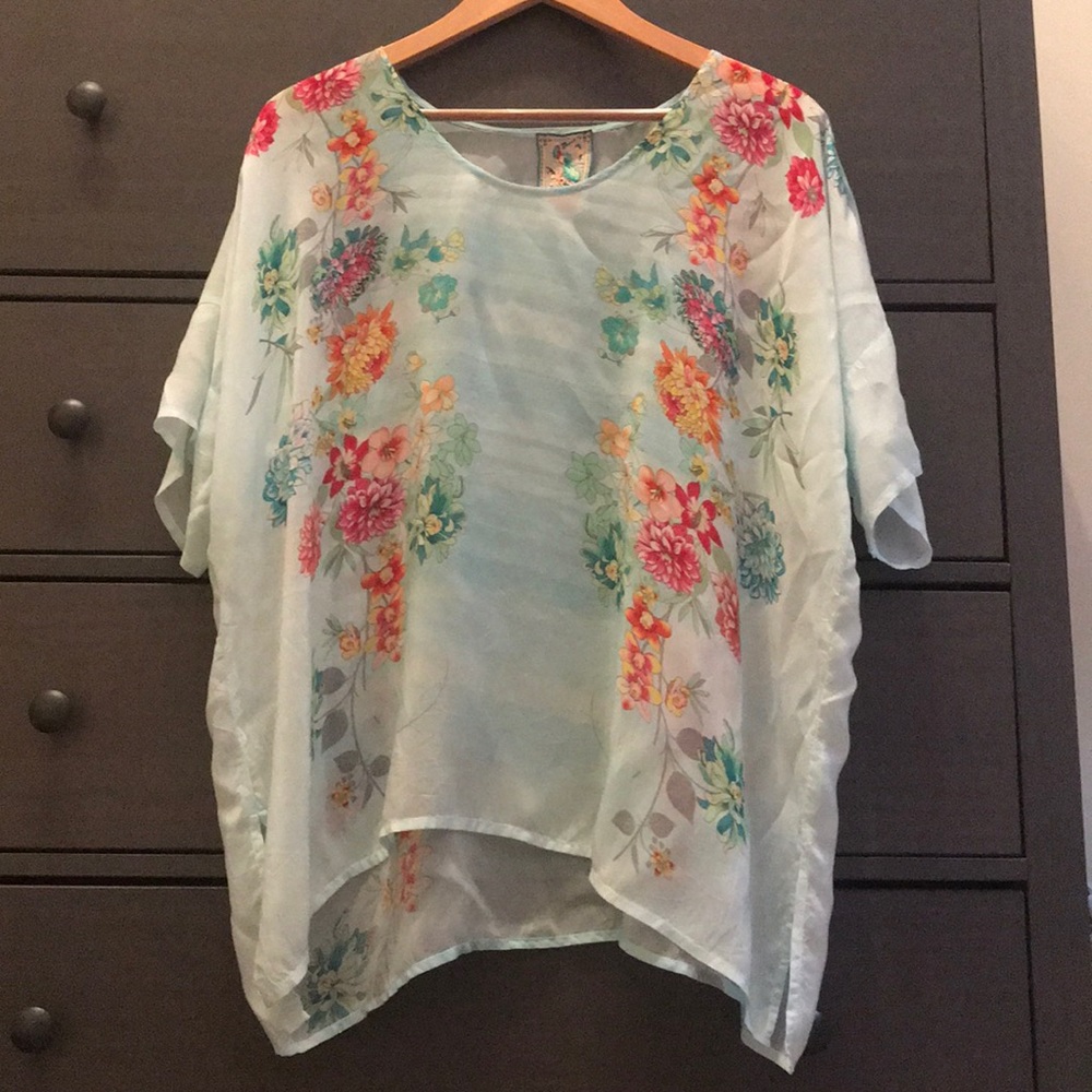 Johnny Was Flowy Blue Flower Shirt